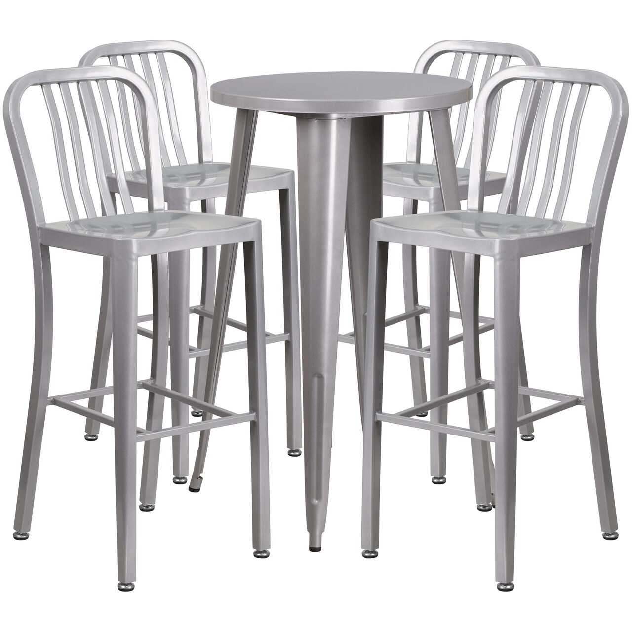 Merrick Lane Evelyne Outdoor Dining Set with 24" Round Table and Slatted Back Bar Stools with Footrests